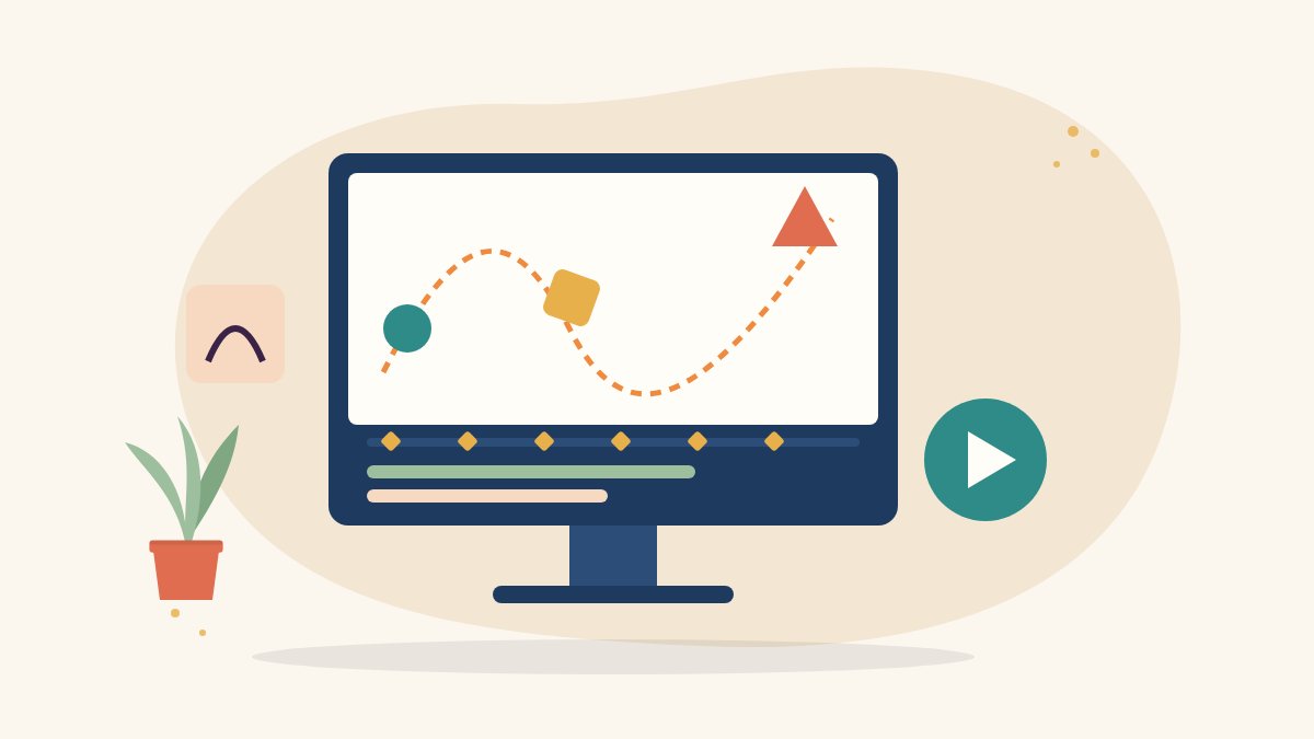 Illustration of a monitor showing an animation timeline with keyframes, animated shapes on a dotted motion path and a play button, for becoming a motion graphics artist