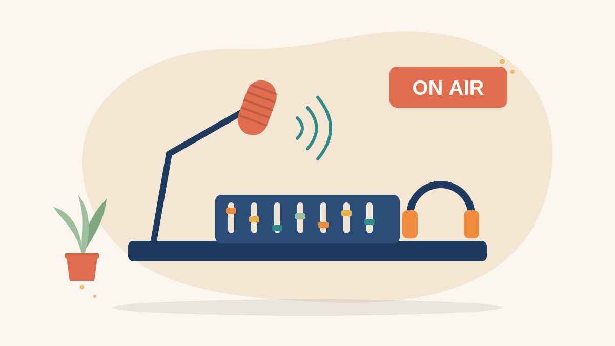 Illustration of a radio studio desk with a microphone on a boom arm, headphones, a mixing console and an ON AIR sign, for becoming a radio jockey