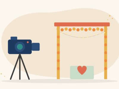 Illustration of a video camera on a tripod facing a decorated wedding mandap with marigold garlands and fairy lights, for becoming a wedding videographer
