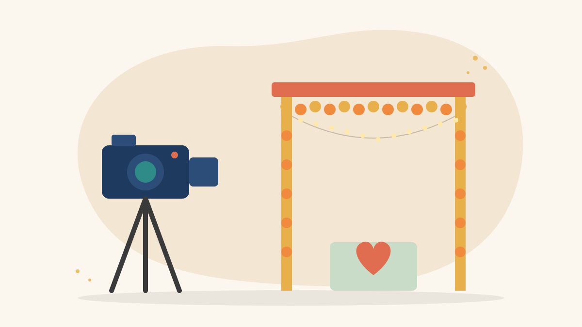 Illustration of a video camera on a tripod facing a decorated wedding mandap with marigold garlands and fairy lights, for becoming a wedding videographer