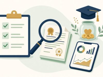 Illustration of a donor checklist, magnifying glass over certified documents and a coin jar, for choosing an education NGO to donate to in India