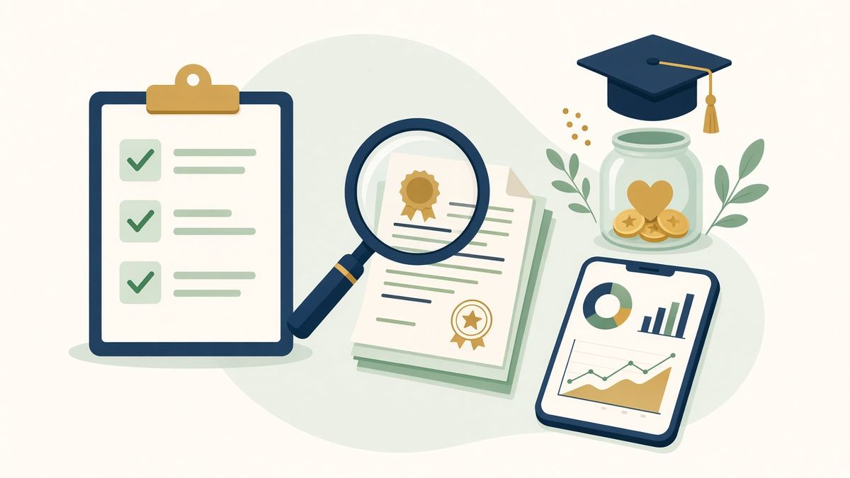 Illustration of a donor checklist, magnifying glass over certified documents and a coin jar, for choosing an education NGO to donate to in India