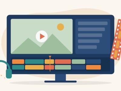 Illustration of a video editing timeline on a monitor with colourful clip blocks, a play button, a film strip and headphones, for making a showreel