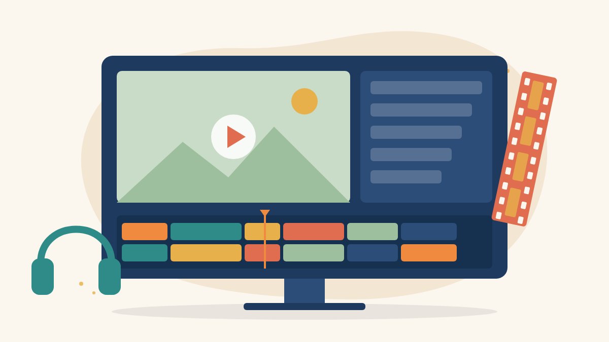 Illustration of a video editing timeline on a monitor with colourful clip blocks, a play button, a film strip and headphones, for making a showreel
