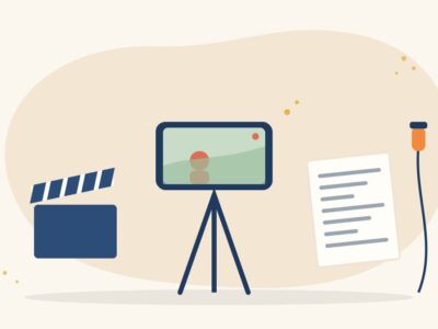 Illustration of a smartphone on a small tripod filming a scene, with a clapperboard, a script and a clip-on microphone, for making a short film on a phone