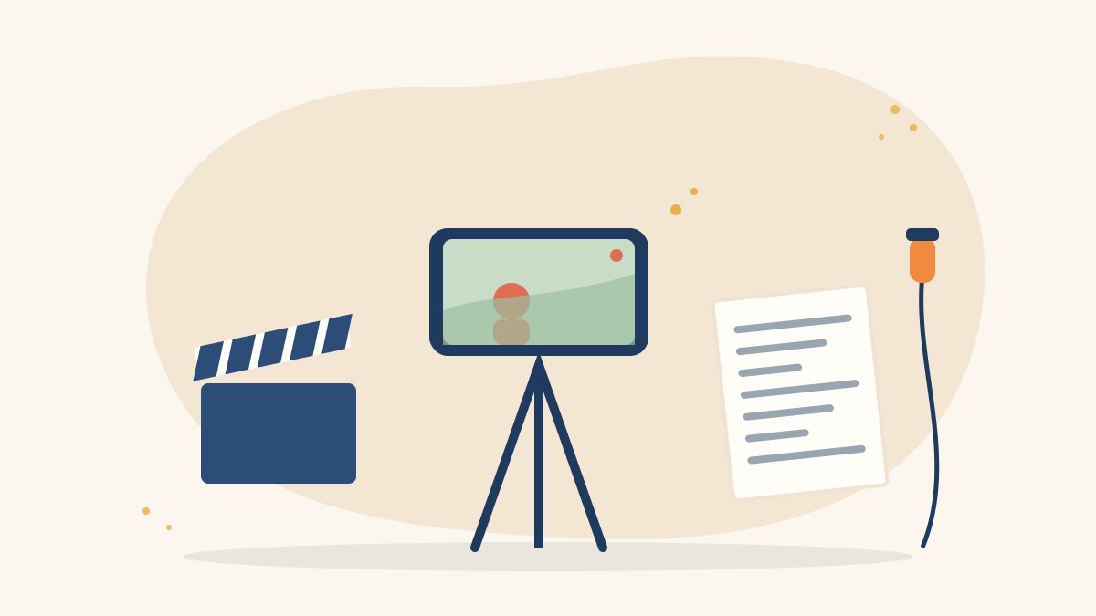 Illustration of a smartphone on a small tripod filming a scene, with a clapperboard, a script and a clip-on microphone, for making a short film on a phone