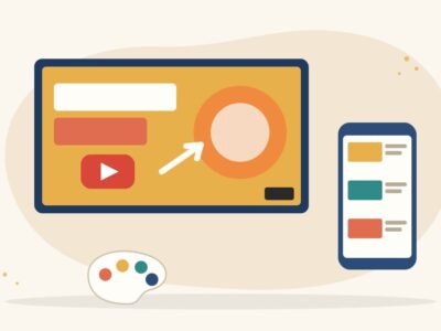 Illustration of a large video thumbnail with a play button, bold text bars and an arrow, beside a phone and a colour palette, for making YouTube thumbnails