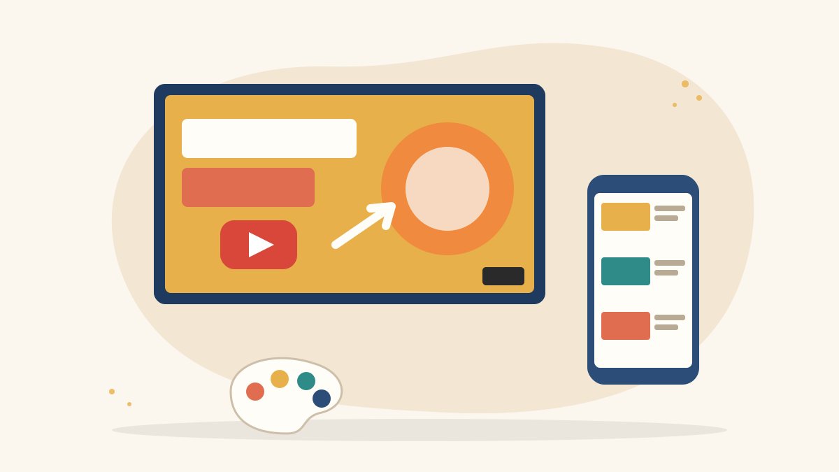 Illustration of a large video thumbnail with a play button, bold text bars and an arrow, beside a phone and a colour palette, for making YouTube thumbnails