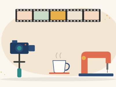 Illustration of a camera on a gimbal filming a cup of tea, a sewing machine and a potted plant, with film strip frames above, for shooting B-roll footage