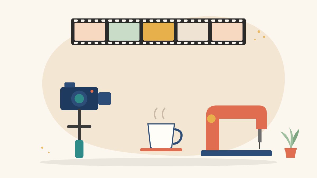 Illustration of a camera on a gimbal filming a cup of tea, a sewing machine and a potted plant, with film strip frames above, for shooting B-roll footage