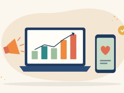 Illustration of a laptop showing a rising bar chart beside a megaphone and a phone with a heart icon, for starting a digital marketing career