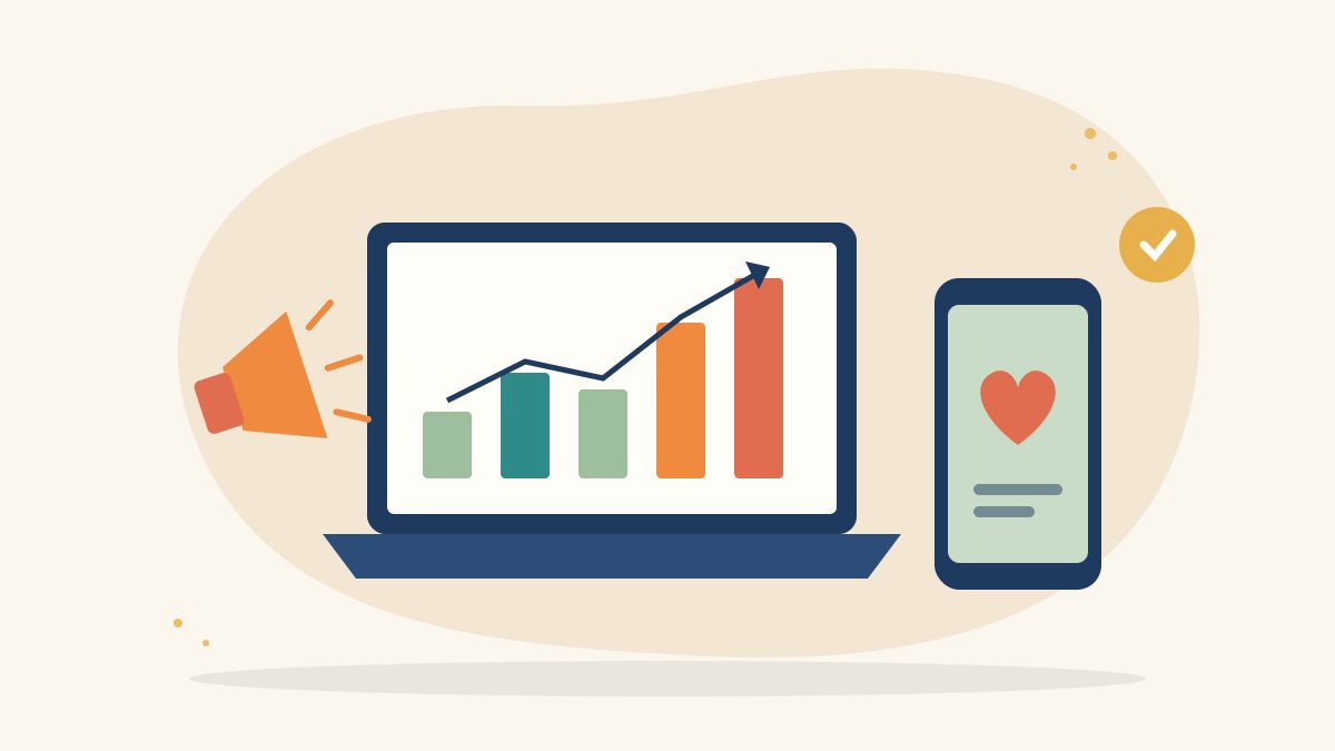 Illustration of a laptop showing a rising bar chart beside a megaphone and a phone with a heart icon, for starting a digital marketing career