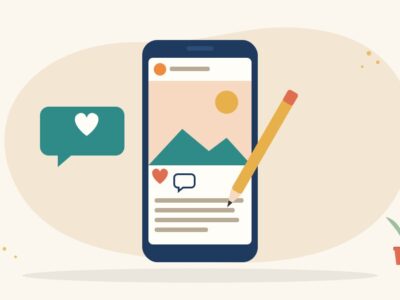 Illustration of a phone showing a social media post with a heart, a comment bubble and caption lines, beside a pencil, for writing Instagram captions