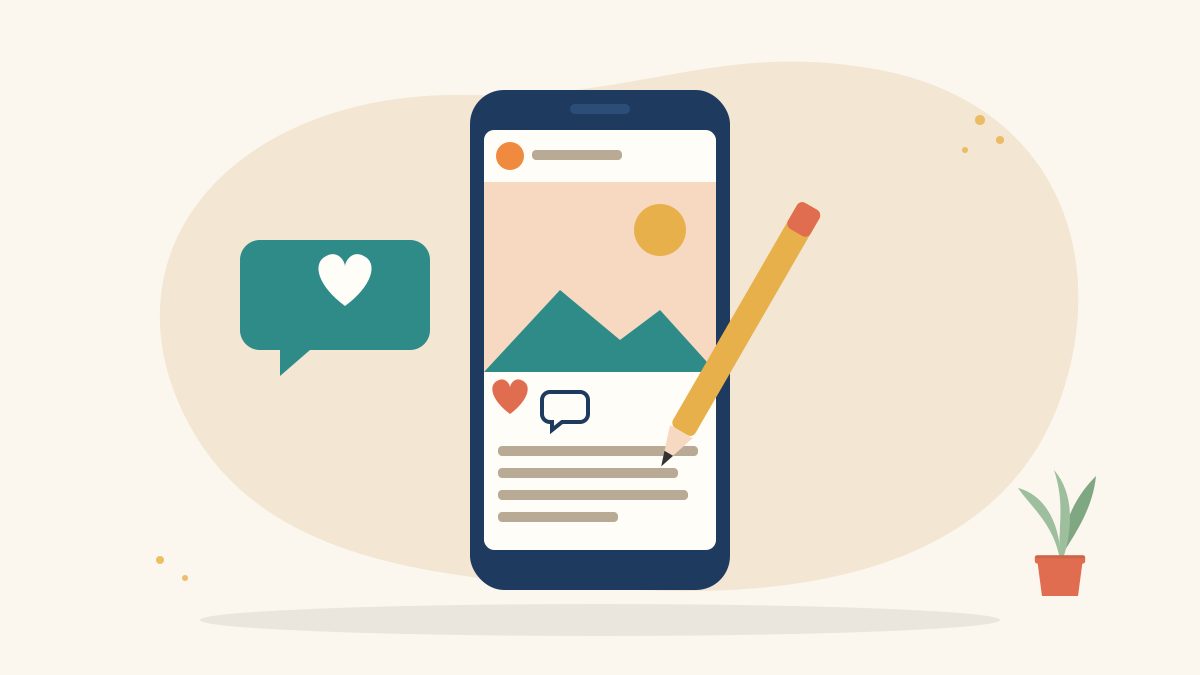 Illustration of a phone showing a social media post with a heart, a comment bubble and caption lines, beside a pencil, for writing Instagram captions