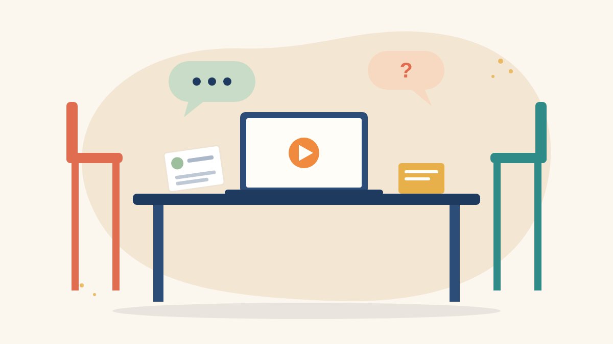 Illustration of an interview table with two chairs, a laptop showing a video portfolio, a CV card, a note card and speech bubbles, for media job interview questions