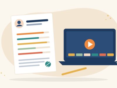 Illustration of a one-page resume with a profile icon, skill bars and a link icon beside a laptop showing a video portfolio and a pen, for a media resume
