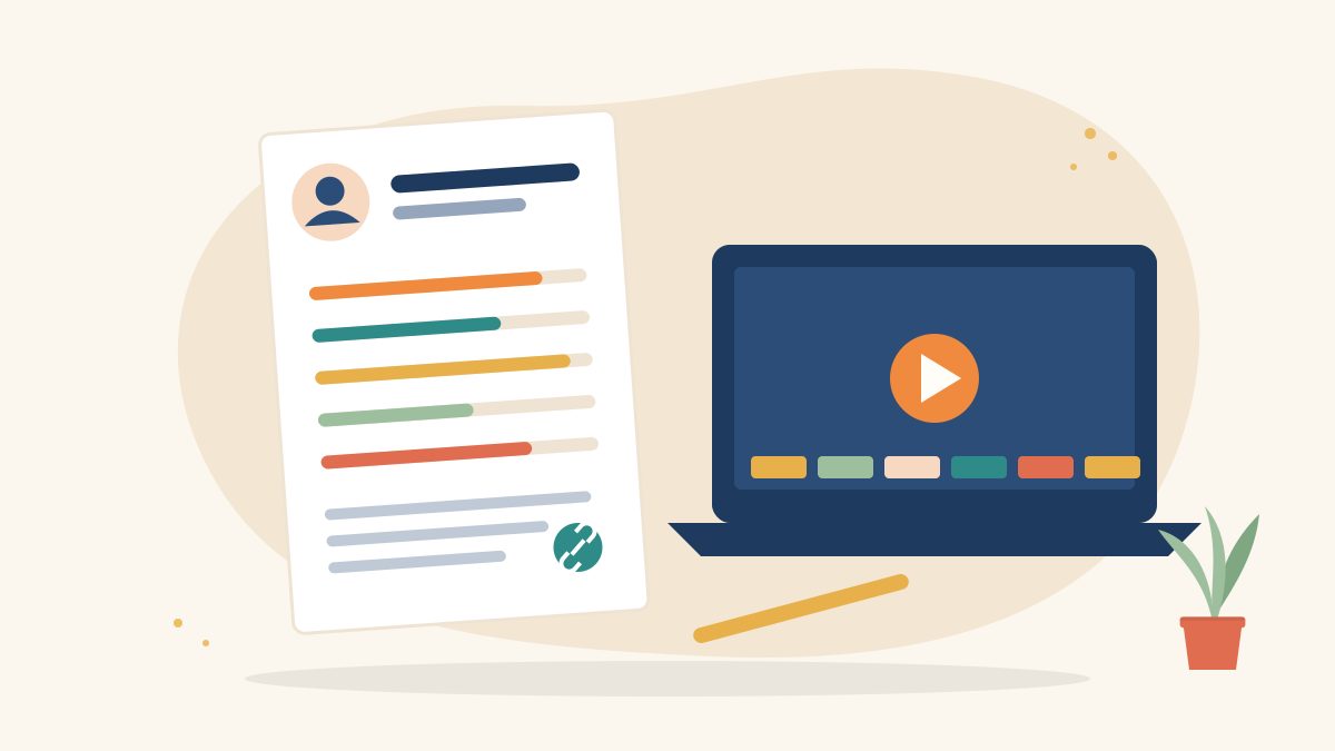 Illustration of a one-page resume with a profile icon, skill bars and a link icon beside a laptop showing a video portfolio and a pen, for a media resume
