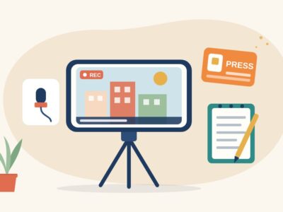 Illustration of a smartphone on a mini tripod recording a news report, with a clip-on microphone, a press card and a reporter's notebook, for a mobile journalism course