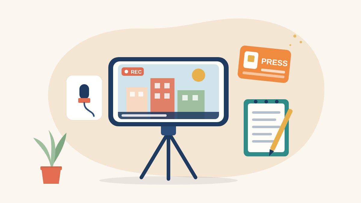Illustration of a smartphone on a mini tripod recording a news report, with a clip-on microphone, a press card and a reporter's notebook, for a mobile journalism course