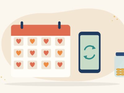 Illustration of a calendar with a heart marked on each month beside a phone showing a repeat payment icon and a small jar of coins, for monthly donations