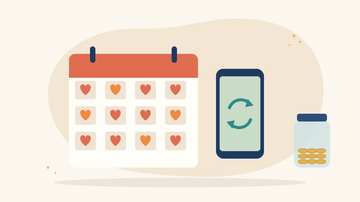 Illustration of a calendar with a heart marked on each month beside a phone showing a repeat payment icon and a small jar of coins, for monthly donations