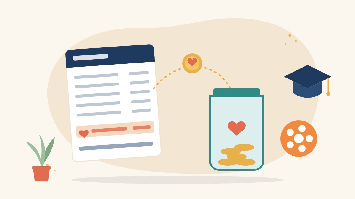 Illustration of a payslip with a heart-shaped coin flowing into a donation jar beside a graduation cap and a film reel, for payroll giving in India