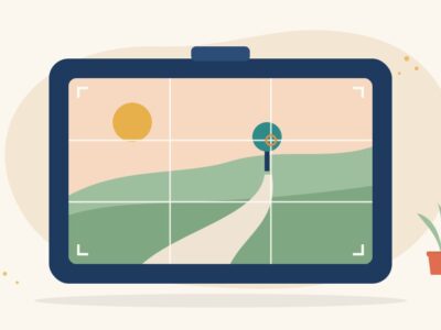 Illustration of a camera viewfinder with a rule-of-thirds grid over a landscape with a winding road leading to a small tree, for photography composition rules