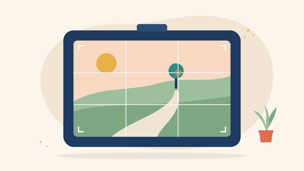 Illustration of a camera viewfinder with a rule-of-thirds grid over a landscape with a winding road leading to a small tree, for photography composition rules