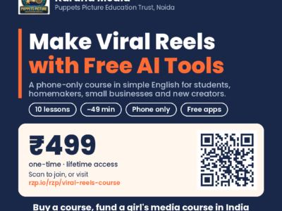 Make Viral Reels with Free AI Tools course poster, ₹499, Karuna Media