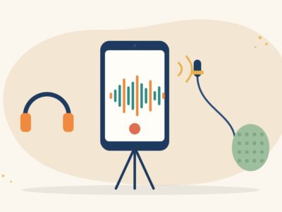 Illustration of a smartphone on a small tripod with a sound waveform on screen, a clip-on lapel microphone, headphones and a foam windscreen, for recording clear audio