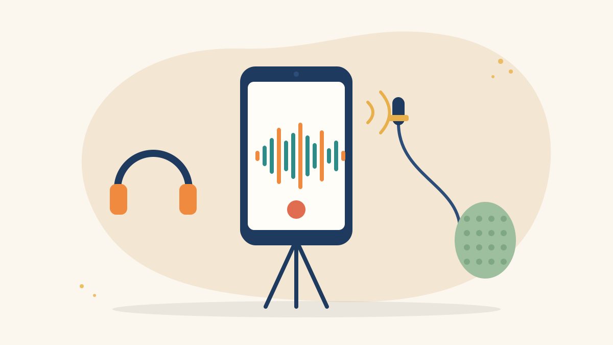 Illustration of a smartphone on a small tripod with a sound waveform on screen, a clip-on lapel microphone, headphones and a foam windscreen, for recording clear audio
