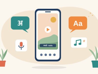 Illustration of a smartphone playing a Reel with a Hindi and English caption, Hindi and English speech bubbles, a microphone and music icons, for a Reels course in Hindi