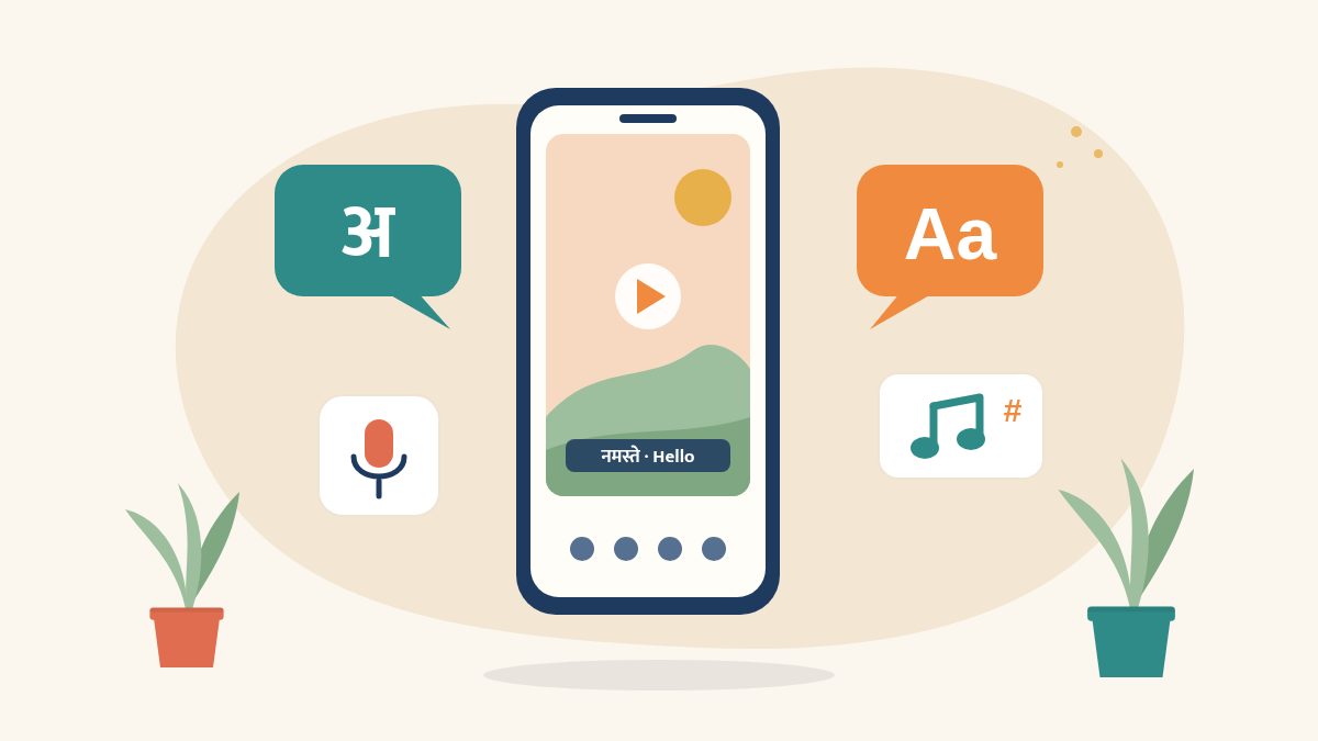 Illustration of a smartphone playing a Reel with a Hindi and English caption, Hindi and English speech bubbles, a microphone and music icons, for a Reels course in Hindi