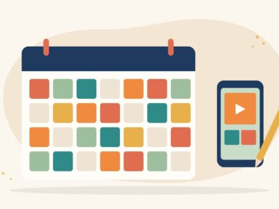 Illustration of a monthly calendar filled with colourful post tiles beside a phone showing a video post and a pencil, for a social media content calendar