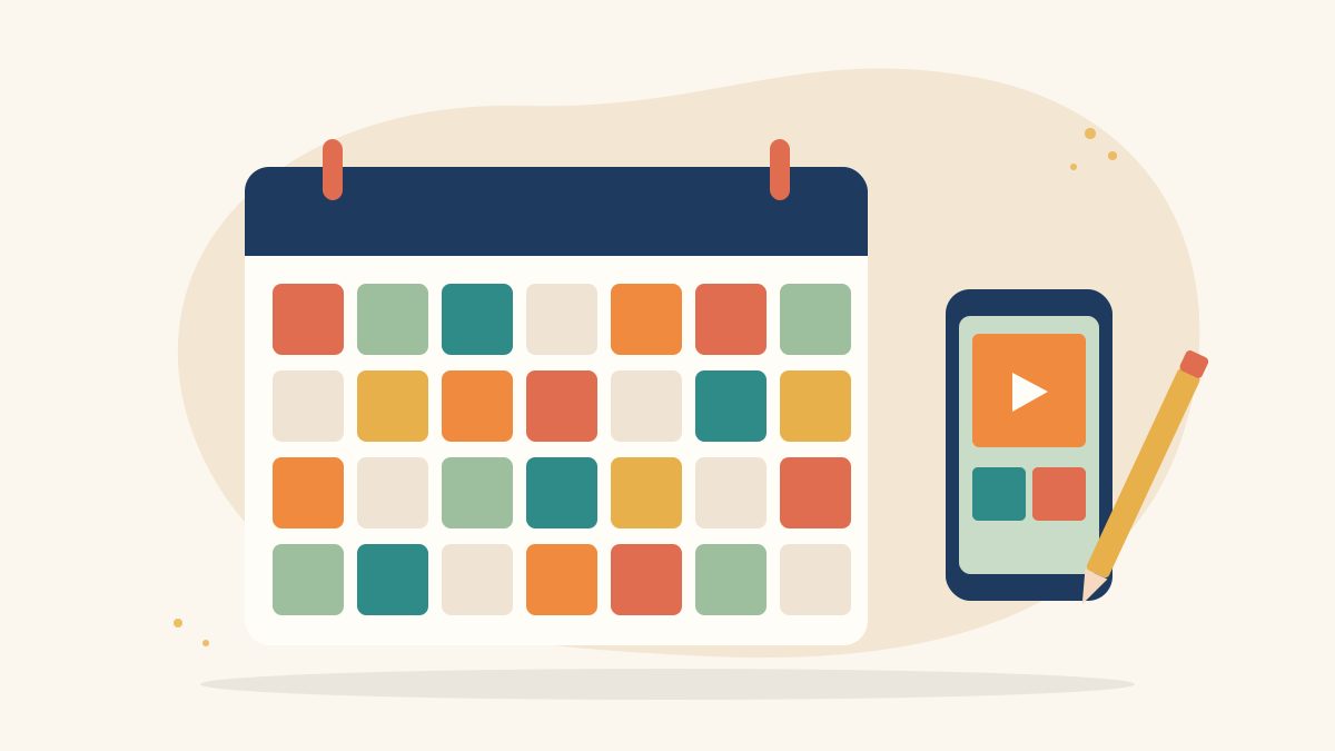 Illustration of a monthly calendar filled with colourful post tiles beside a phone showing a video post and a pencil, for a social media content calendar