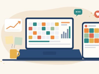 Illustration of a laptop showing a content calendar and analytics bars beside a phone with a grid of social media posts, for a social media manager career for women