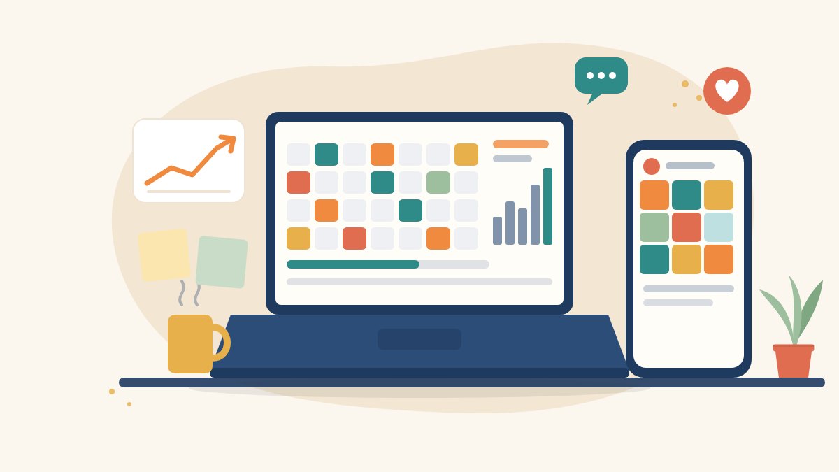 Illustration of a laptop showing a content calendar and analytics bars beside a phone with a grid of social media posts, for a social media manager career for women