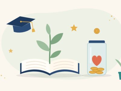 Illustration of an open book with a growing sprout, a graduation cap and a coin jar with a heart, representing sponsoring a girl's education in India