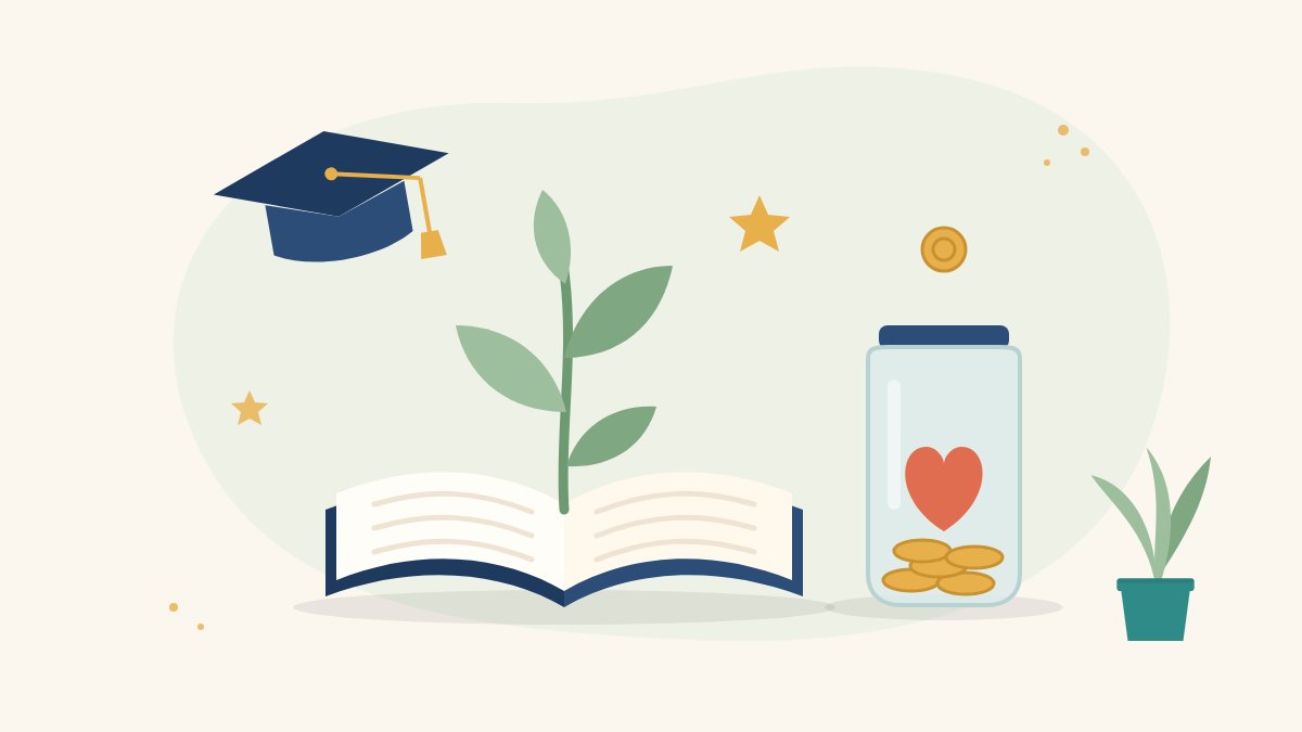 Illustration of an open book with a growing sprout, a graduation cap and a coin jar with a heart, representing sponsoring a girl's education in India