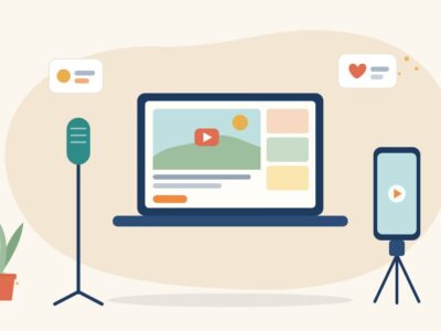Illustration of a laptop showing a video player, a podcast microphone and a phone on a tripod, for starting a YouTube channel as a woman in India