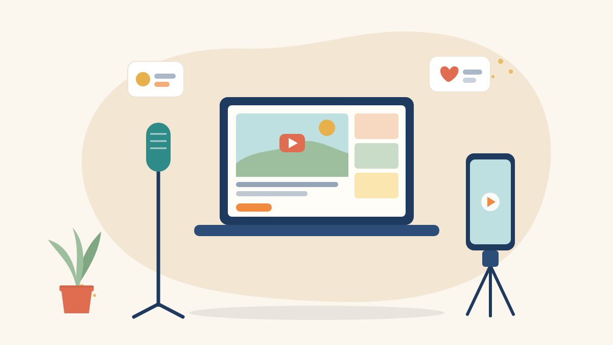 Illustration of a laptop showing a video player, a podcast microphone and a phone on a tripod, for starting a YouTube channel as a woman in India
