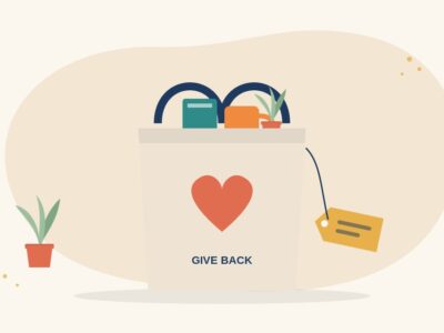 Illustration of a cream canvas tote bag with a heart print, filled with a book, a mug and a small plant, beside a gift tag, for tote bags that give back