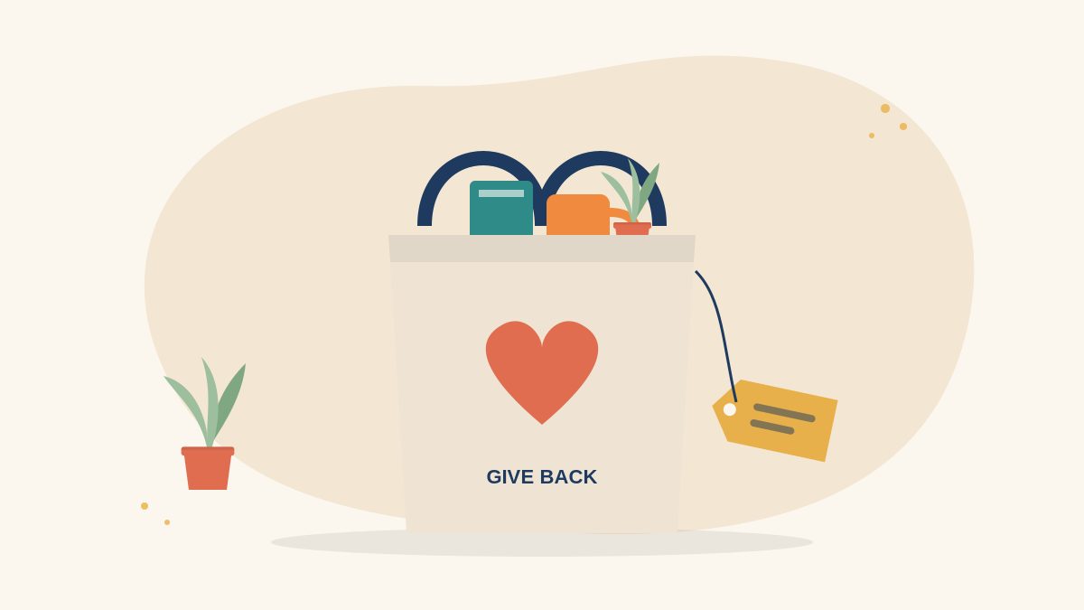 Illustration of a cream canvas tote bag with a heart print, filled with a book, a mug and a small plant, beside a gift tag, for tote bags that give back