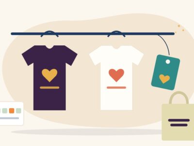 Illustration of a black and a white t-shirt on hangers beside a gift tag with a heart, a cotton tote bag and a size chart card, for t-shirts that give back