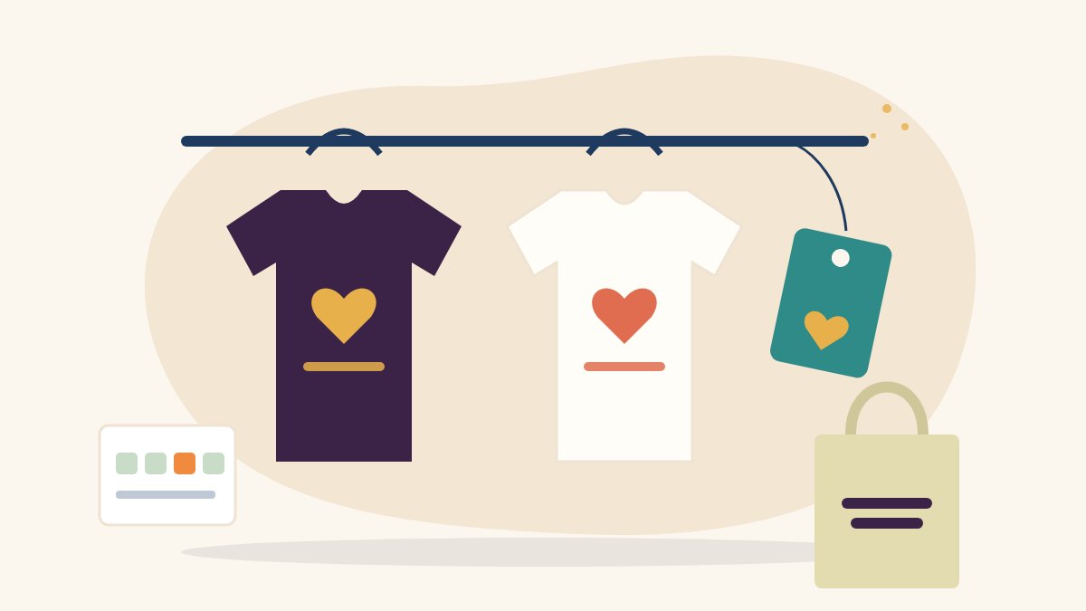Illustration of a black and a white t-shirt on hangers beside a gift tag with a heart, a cotton tote bag and a size chart card, for t-shirts that give back