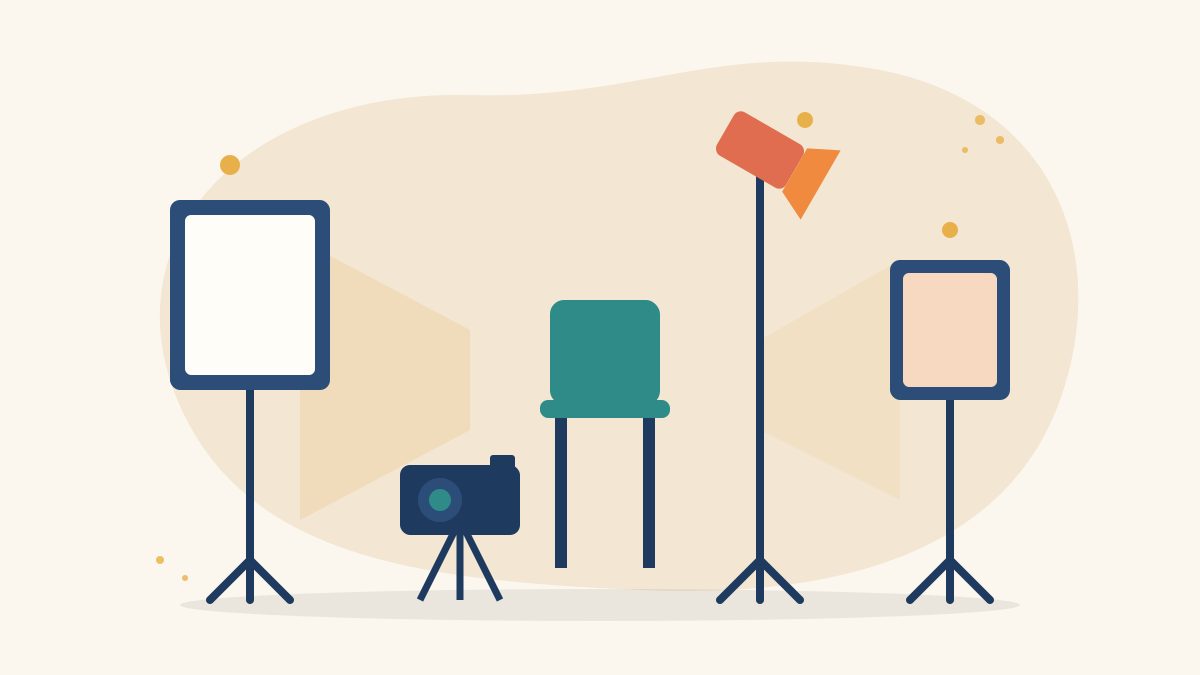 Illustration of a three-point lighting setup with a key light softbox, a fill light and a back light aimed at an empty chair in front of a camera on a tripod