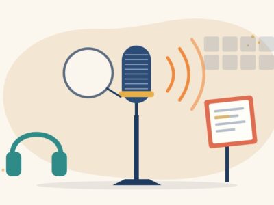 Illustration of a studio microphone with a pop filter, headphones, a script stand and sound waves in a voice booth, for a voice-over artist career