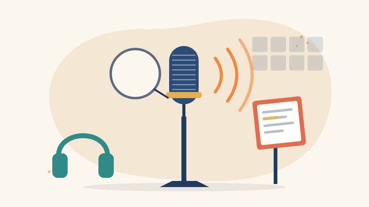 Illustration of a studio microphone with a pop filter, headphones, a script stand and sound waves in a voice booth, for a voice-over artist career
