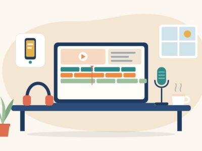 Illustration of a home workspace with a laptop showing a video timeline, headphones, a microphone, a phone and a cup of tea, for work from home jobs for women