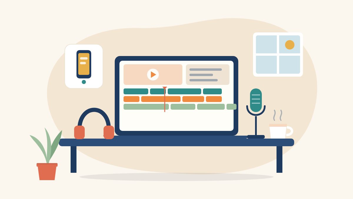 Illustration of a home workspace with a laptop showing a video timeline, headphones, a microphone, a phone and a cup of tea, for work from home jobs for women